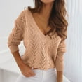 thumbnail image 1 of Early Fall New Sale Savings Deals 2022! Zpanxa Women's V- Neck Solid Color Hollow Out Recreational Thin Pullover Long Sleeve Sweater Tops Khaki M, 1 of 8