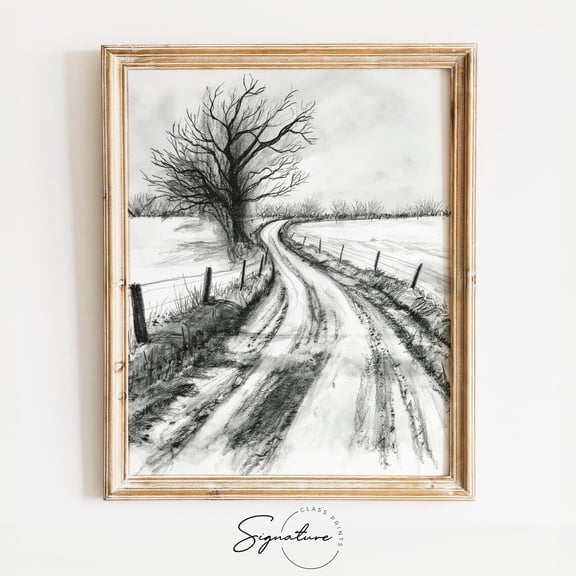 Early Frost On Country Road Sketch, Rustic Winter Scene Art, Bare Trees Landscape Drawing, Wall Decor Poster, 747 Warm Present Vintage UNFRAMED Poster Size 8x12