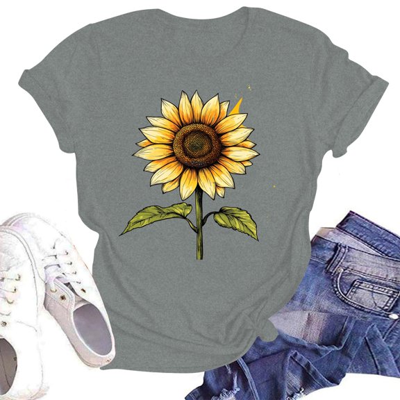 NAMTYQX Floral Tops for Women Print Plus Size Round Neck Hawaiian Stretch Relaxed Fit Patterns Short Sleeve Airoft Blouses for Women Dressy Casual Gray Size M