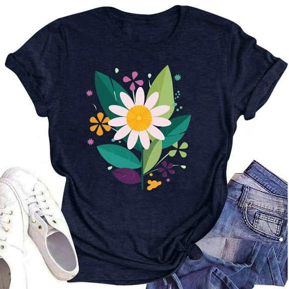 NAMTYQX Going Out Tops for Women Gemustert Graphic Plus Size Hawaiian Lightweight Crewneck Cool Short Sleeve Loose Fitting Blouses for Women Dressy Casual Navy Size L