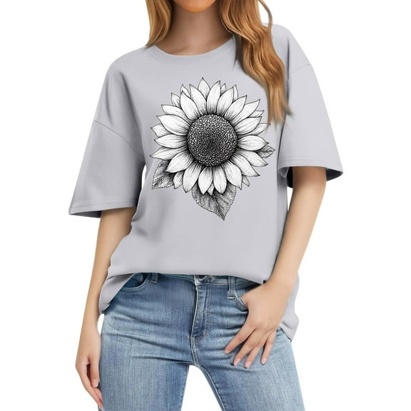 NAMTYQX Graphic Tees for Women Crew Neck Print Short Sleeve Loose Fullprint Oversized Light Breathable Casual Plus Size Blouses for Women White Size M