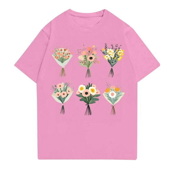 NAMTYQX Plus Size Blouses for Women Stretch Short Sleeve Plus Size Muster Trendy Crewneck Boyfriend Patterned Soft Graphic Tees Pink Size S