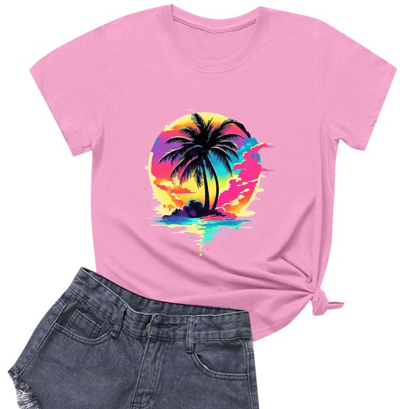 NAMTYQX Plus Size Tops for Women Print Muster Crewneck Loose Fitting Short Sleeve Oversized Soft Stretch Cute Summer Shirts for Women Pink Size S