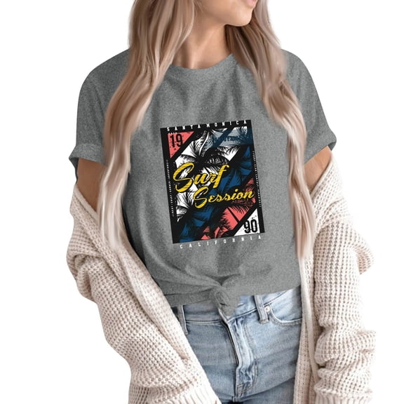 NAMTYQX Trendy Tops for Women 2025 Print Short Sleeve Cute Loose Light Round Neck Oversized Soft Graphic Womens Short Sleeve Tops Gray Size S