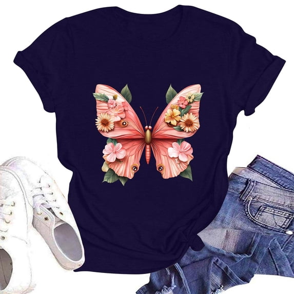 NAMTYQX Womens Graphic T Shirts Gemustertes Short Sleeve Plus Size Stretchy Hip Loose Fit Print Crewneck Cool Womens Tops Dressy Casual Navy Size XL