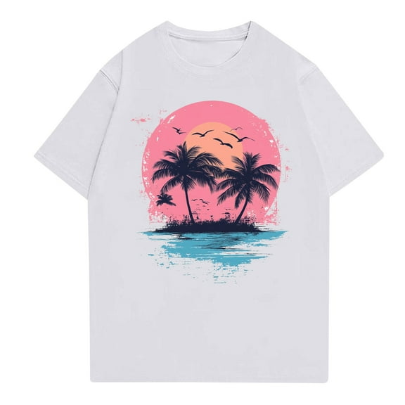 NAMTYQX Womens Graphic Tees Short Sleeve Hawaii Tropical Graphic Stretch Casual Plus Size Loose Fit Crewneck Cute White Size 2XL