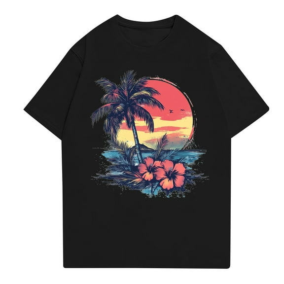NAMTYQX Womens Summer Tops Short Sleeve Light Crewneck Casual Loose Plus Size Cute Hawaii Tropical Pattern Black Size XL