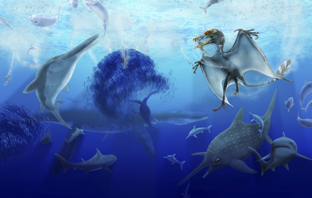 Early Jurassic European pelagic scene with various extinct animals Canvas Art - Alice TurnerStocktrek Images (35 x 23)