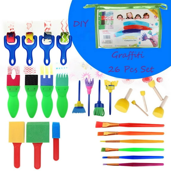 Early Learning Sponge Painting Brushes Set, Usavan 26 PCS DIY Graffiti Art Tools, Plastic Wooden Handles Educational Craft Brushes for Children Pre Classroom