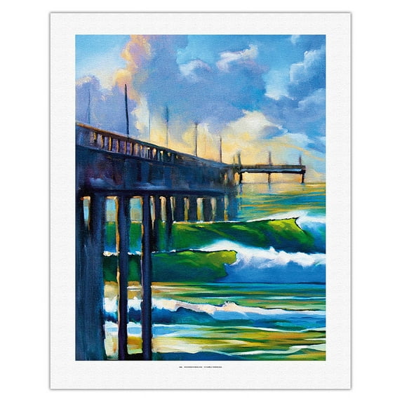 Early Light - Waves Breaking on Pier - From an Original Color Painting by Wade Koniakowsky - Fine Art Rolled Canvas Print 20in x 26in