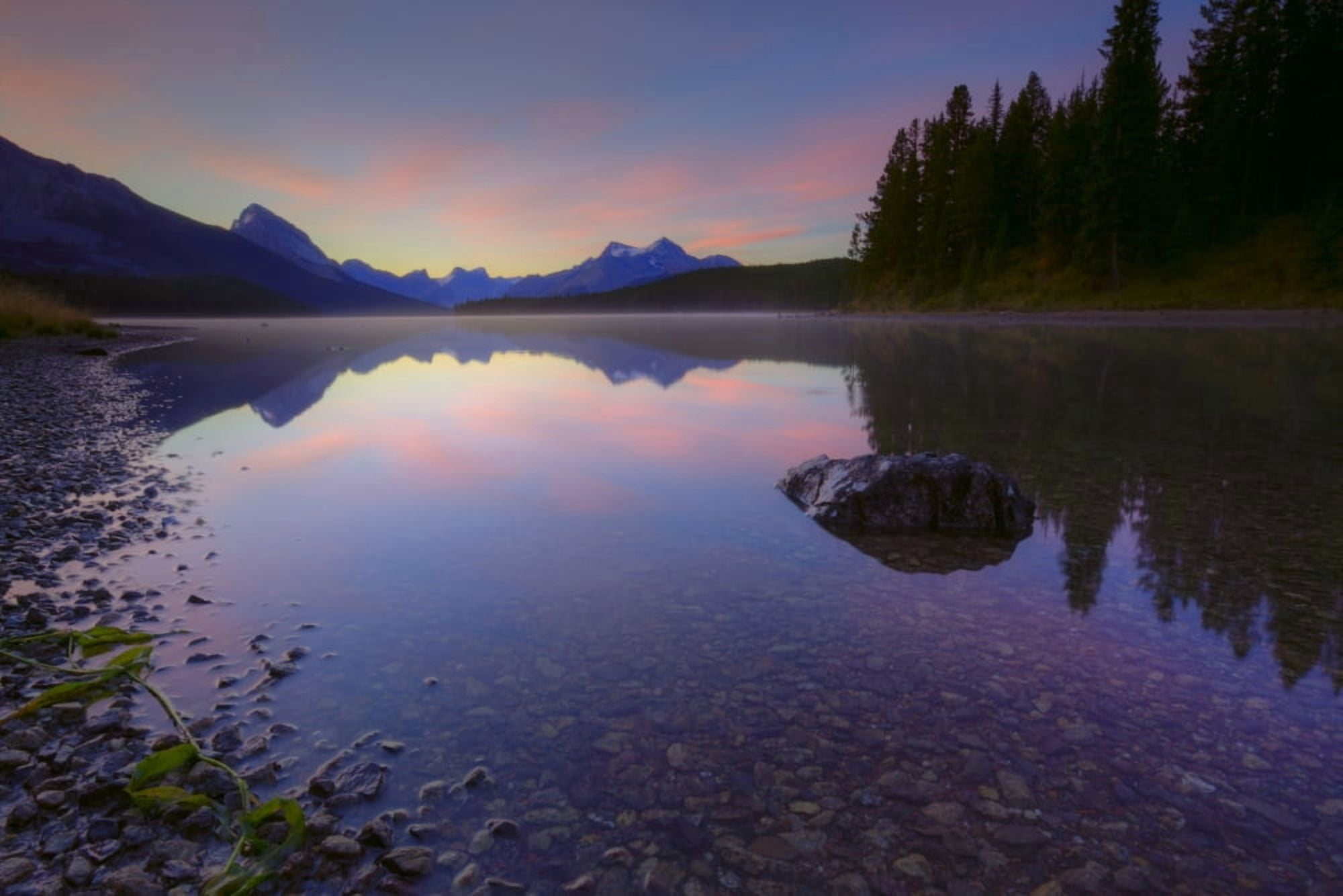 Early Morning On A Fog Covered Maligne Lake In Jasper National Park In The Canadian Rockies During The Autumn Alberta Canvas Art - Dan Jurak Design Pics (34 x 22)