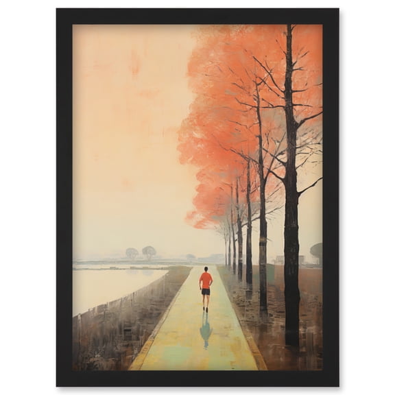 Early Morning Jogging Pastel Colour Oil Painting Jogger on Lakeside Pink Tree Trail Countryside Landscape Artwork Framed Wall Art Print A4