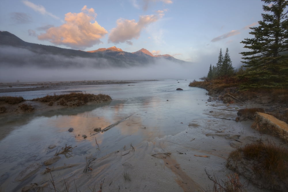 Early Morning On Sandy Banks Of Sunwapta River Jasper National Park Alberta Canvas Art - Dan Jurak Design Pics (17 x 11)