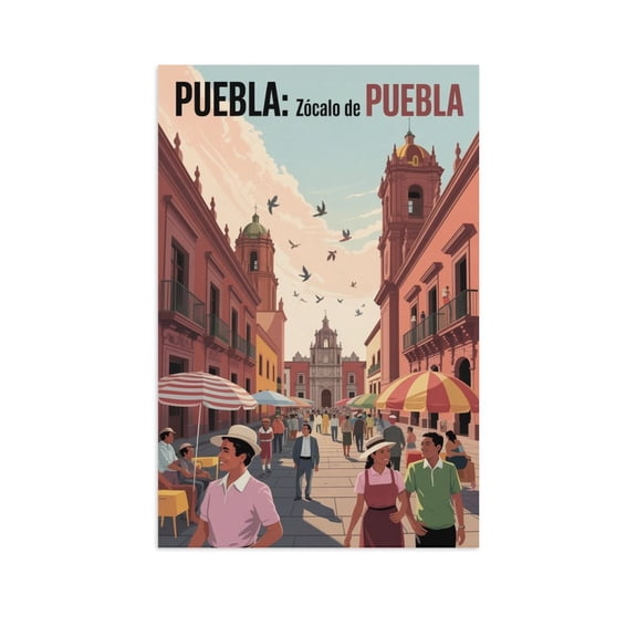 Early Morning Wall Art Zocalo De Puebla Mexico Retro Poster Historic Plaza Colonial Architecture Canvas Poster