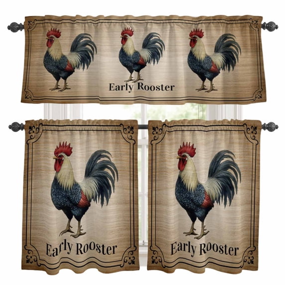Early Rooster Kitchen Curtains Sets for Windows 36 Inch Length, Brown Spring Farmhouse Vintage Chicken Rod Pocket Window Treatments Tier Curtains and Valances Set for Bedroom/Bathroom