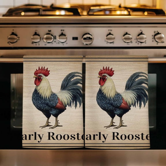 Early Rooster Kitchen Towels Set of 4, Brown Spring Farmhouse Vintage Chicken Absorbent Dish Towels for Kitchen, Microfiber Hand Towel, Quick Drying Tea Towel for Cleaning Decorative Dishcloths