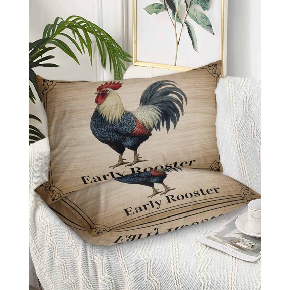 Early Rooster Queen Pillow Cases Set of 2 - Microfiber Bed Throw Pillow Covers, Brown Spring Farmhouse Vintage Chicken Decorative Lumbar Pillow Cover with Envelope Closure for Sofa/Travel 20"x30"