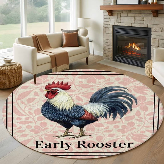Early Rooster Round Area Rug 7Ft Washable Circle Rugs for Dorm Laundry Room, Pink Spring Farmhouse Leaves Burlap Non-Slip Carpet Floor Mats Indoor Outdoor Carpet Runner Aesthetic Home Decor