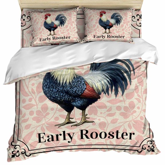 Early Rooster Set of 4 Bedding Quilt Covers, Pink Spring Farmhouse Leaves Burlap 4-Piece Bed Sheet Set with Extra Soft Bed Sheets Quilt Cover Pillowcase, Queen