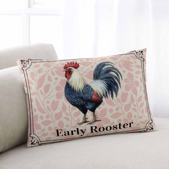 Early Rooster Throw Pillow Covers, Pink Spring Farmhouse Leaves Burlap Soft Breathable Pillow Cases with Invisible Zipper for Sleeping, King Size Pillowcases for Couch Bed Sofa Chair 20x36 Inches
