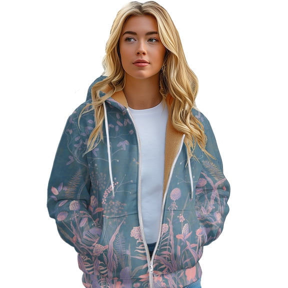 Early Winter Women's Fashion Hoodie Full Zipper Drawstring Color Printed Jacket Keep Warm