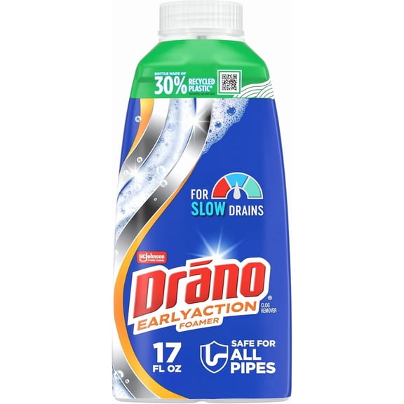Early action foam drain clog remover and cleaner, for shower or sink drains, clears and removes odor sources, 17 liquid ounces