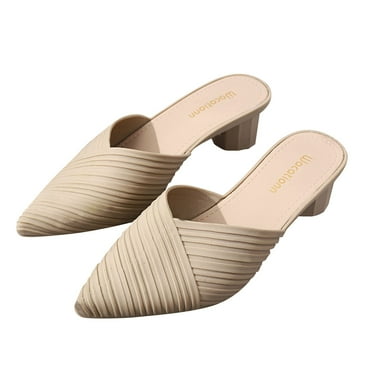 Earmouse Women's Closed Pointed Toe Chunky Heel Mules Fashion Striped Upper Comfortable Casual Sandals-Beige-36,Pointed Toe Mule,Low Heel Mules,Closed Toe Chunky Heels for Women