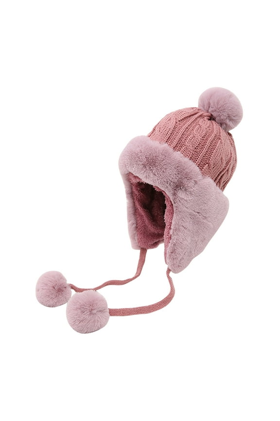 Earmuff Plush Ball String Hat Autumn Winter Warm Headwear Knitted Warm Keeping Earflap Hat for Adults (Claret)