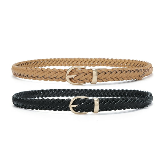 Earnda 2 Pack Thin Braided Belts for Women Classic Waist Belt Skinny Woven Strap for Jeans Pants Dress Black Beige Large