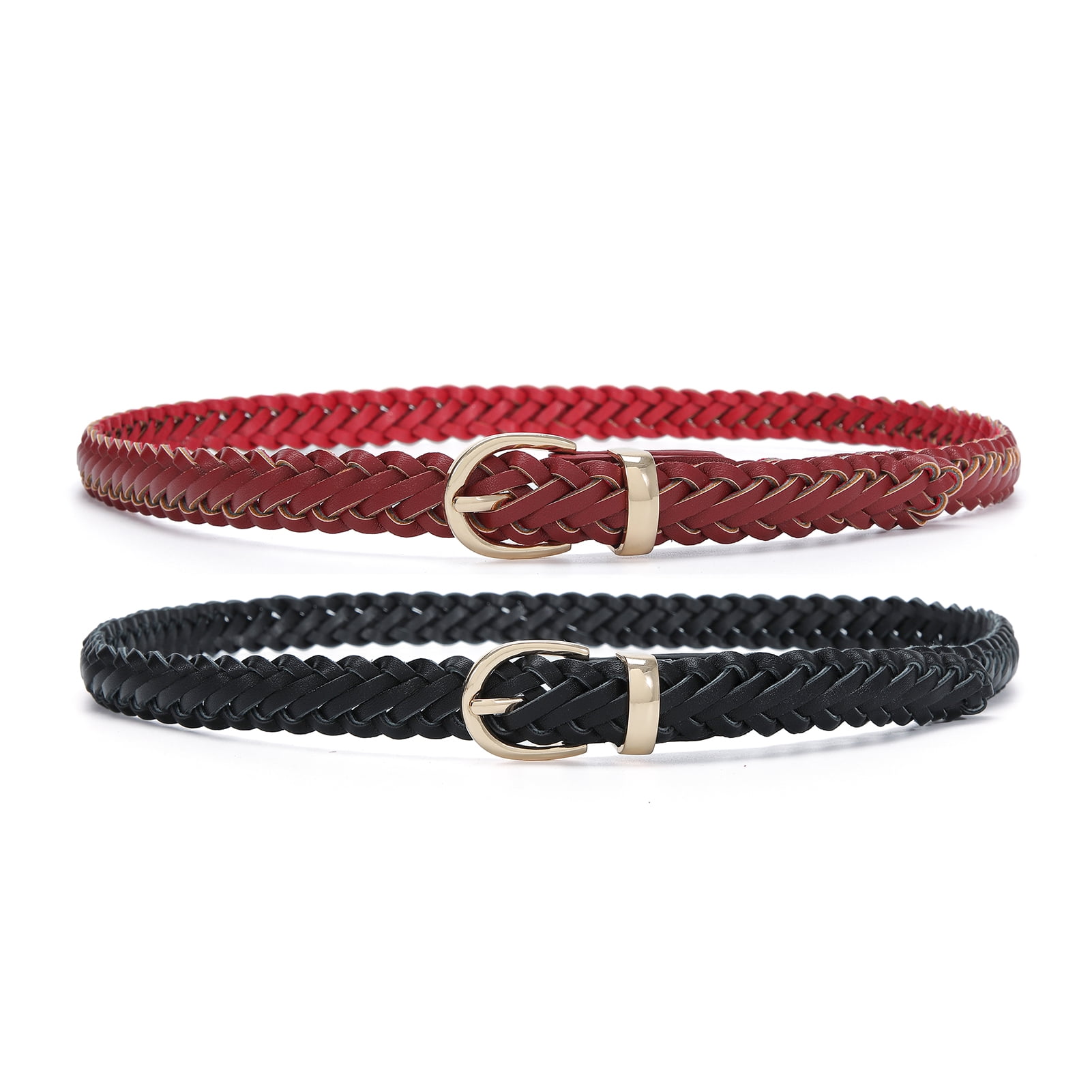 9967 2 Pack Women\'s Leather Braided Skinny Belts Woven Thin Waist Womens Skinny Belt, Leather Skinny Braided Belt Gold Buckle  main image 2