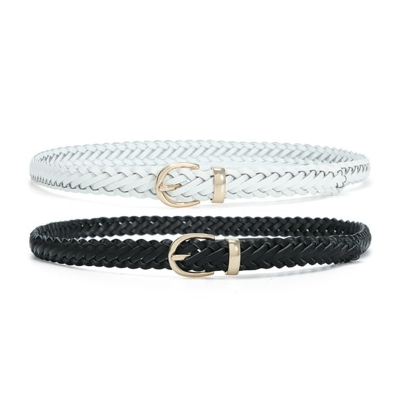 Earnda 2 Pack Thin Braided Belts for Women Classic Waist Belt Skinny Woven Strap for Jeans Pants Dress Black White Large