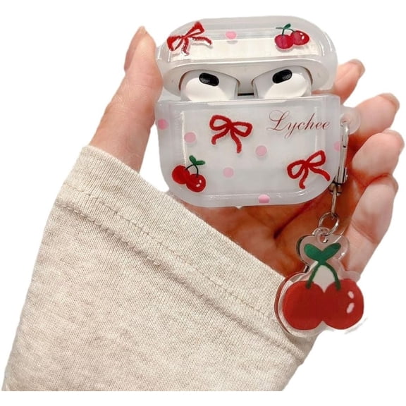 Earphone Case for AirPods 3, Lovely Transparent Clear Bowknot Cherry Case Soft Silicone Sleeve, AirPods 3 Cover Protective Skin Shockproof Protector for Earbuds +Cherry Keychain