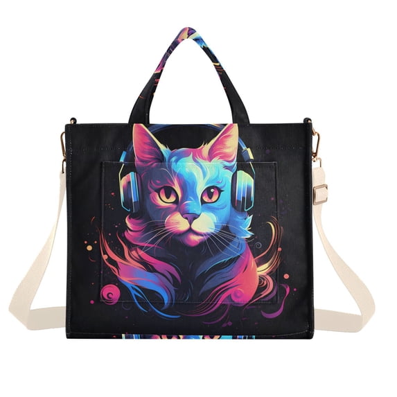 Earphone Cat Head Colorful Corduroy Tote Bag Handbag Large Messenger Bag Shoulder Crossbody Zipper Bag Purse
