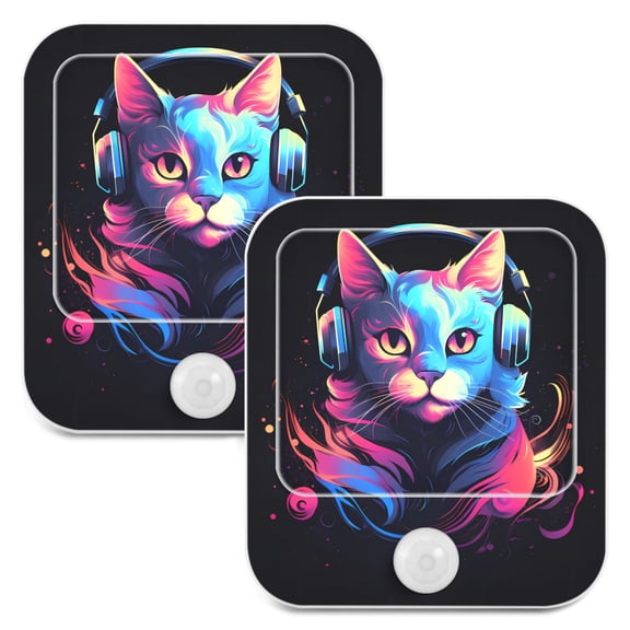 Earphone Cat Head Colorful Night Lights Plug into Wall LED with Auto Light Sensor Warm Light for Kids Hallway Bedroom Living Room Kitchen Bathroom Set of 2
