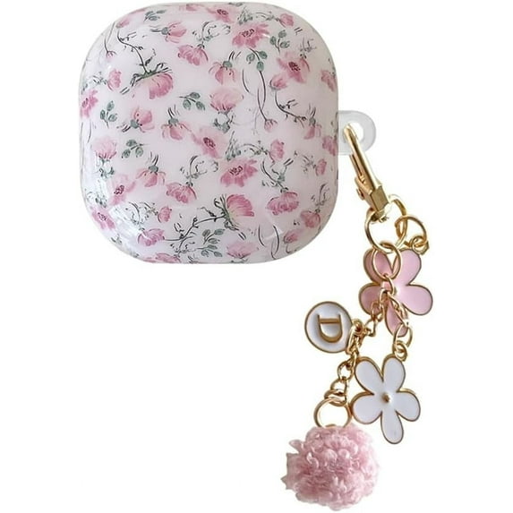 Earphones Cover for Galaxy Buds FE/2/2 Pro/Pro/Live,Flower Pattern Shockproof Earbuds Protective Case with Chain for Girls Boys (Pink)