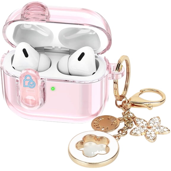 Earpod Pro 3 for Apple Airpods Pro 3rd Generation Five Leaf Clover Theme Upgraded Secure Lock Earbud Case with Bling Keychain, Pink