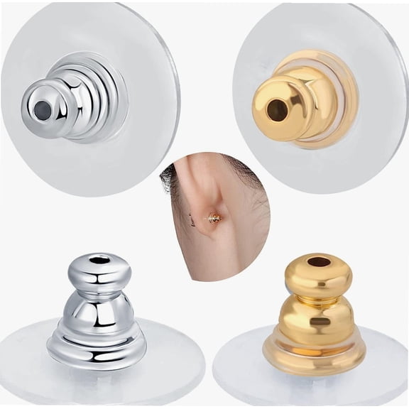 Earring Backs for Droopy Ears, 4pcs Dics Earring Support Backing for Heavy Earrings Comfortable Secure Earring Replacement for Studs in White Gold and 14K Gold