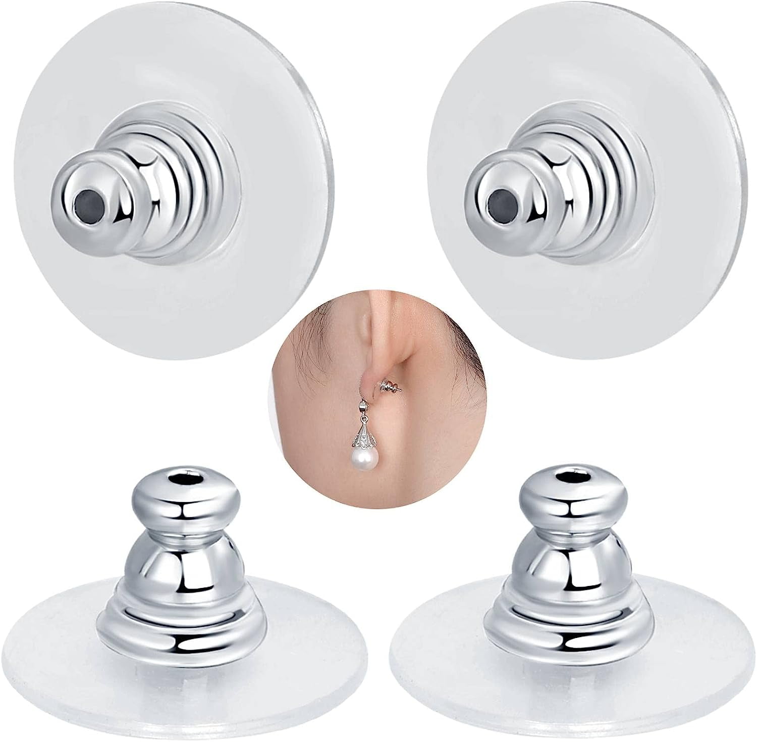 Earring Backs for Droopy Ears, 4pcs White Gold Dics Earring Support Backing Lifters for Heavy Earrings Secure Large Portable Plastic Backer Replacement for Studs