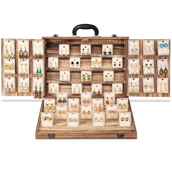 Earring Display for Selling, Portable Wood Jewelry Display Case, Large Capacity Jewelry Display for Selling, Earring Card Holder Organizer with Lock for Earrings, Bracelets, Necklaces