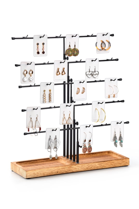 Earring Display for Vendors, Adjustable Height Earring Display Stands for Selling, Jewelry Display for Earring Card, Earring Rack Display Holder with Tray, 30 Hooks, Carbonized Brown