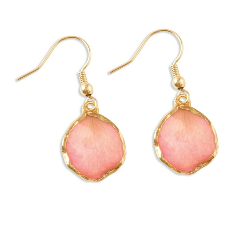 Lacquer Dipped 24k Gold Trim Pink Rose Petal Dangle Earrings Lacquer Dipped 24k Gold Trim Pink Rose Petal Dangle Earrings