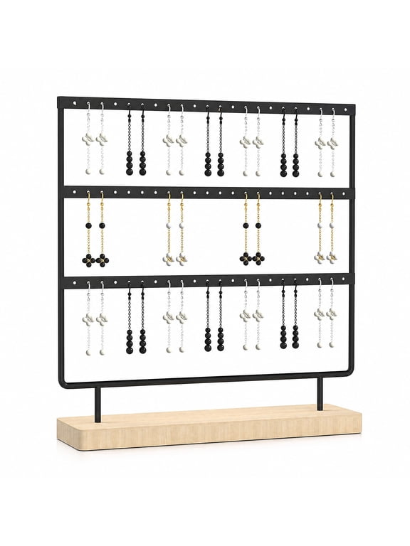 Earring Holder Organizer, 3-Tier Jewelry Display Stand for Earrings Earring Display Stand with Wood Base, Metal Frame, Space-Saving Design for Dresser Vanity