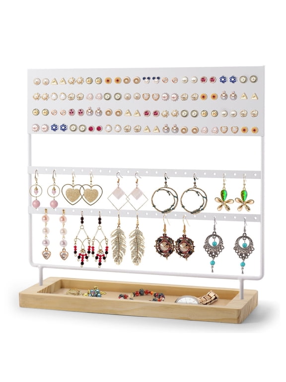 Earring Holder Organizer, Earring Hanger Rack Display Stand, Metal Jewelry Tower, Dangle and Hoop Earring Stand, 144 Holes with Wooden Base Tray for Jewelries and Accessories, White