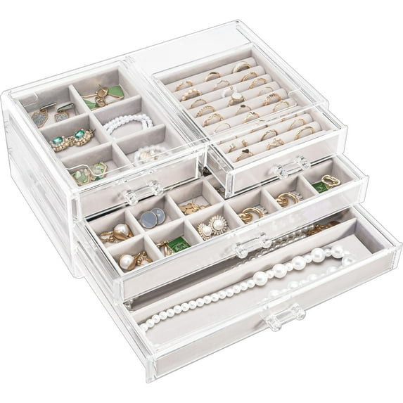Earring Holder Organizer Jewelry Box with 5 Drawers, Acrylic Clear Earring Case with Adjustable Velvet Trays for Women - Grey, 5 Layers