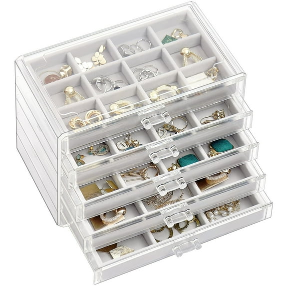 Earring Holder Organizer Jewelry Box with 5 Drawers, Acrylic Clear Earring Case with Adjustable Velvet Trays for Women - Grey, 5 Layers