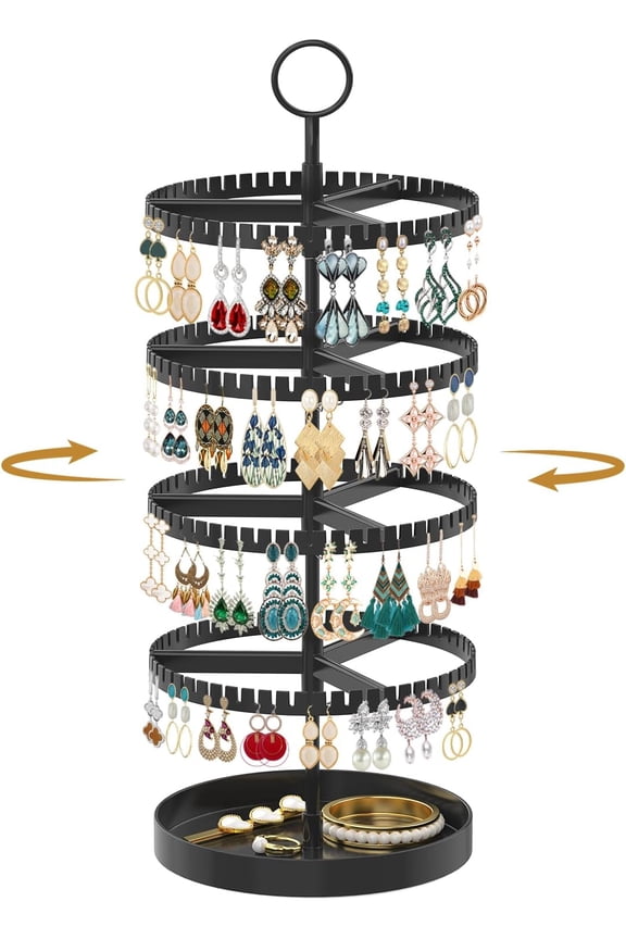 Earring Holder Organizer Jewelry Stand, 285 U-Slots Adjustable Rotating Earring Tree Rack, 14 Hooks Tall Necklace Display for Women, 5 Tier Compact Large Capacity Tower with Ring Tray, Black