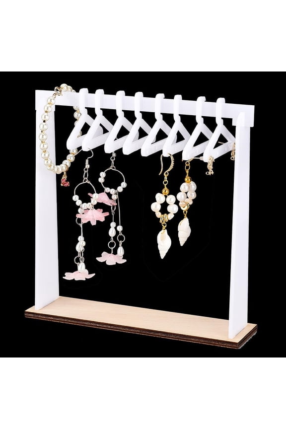 Earring Holder Rack with Coat Hangers 32 Holes Jewelry Mini Hanger Rack Acrylic Earring Display Stand Earring Closet Ear Stud Holder with Wood Base