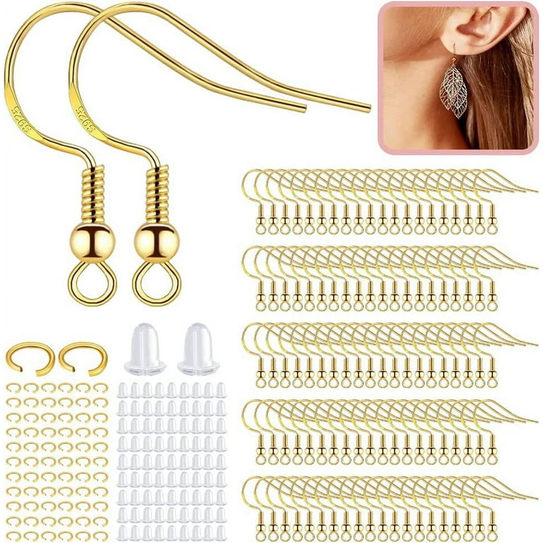 Earring Hooks Gold, 925 Sterling Hypoallergenic Earrings Wires Fish Hooks  for Jewelry Making Finding with Jump Rings and Clear Rubber Earring Backs