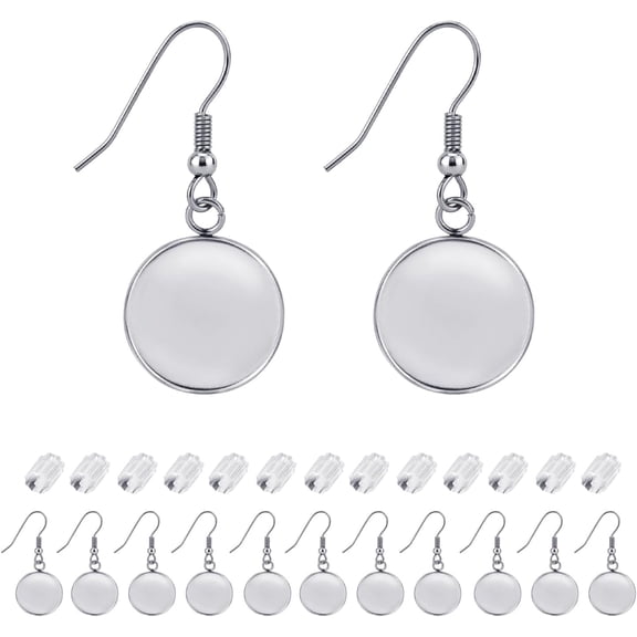 Earring Kit 30pcs Blank Ear Wire Hook 14mm Stainless Steel Cabochon Setting Earring Bezel with Rubber Backs for Cabochon Resin DIY Earwire Making (14mm, 30pcs)