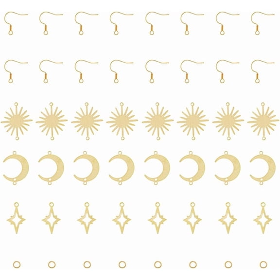 Earring Making Kit 30Pcs Earring Hooks 48Pcs Moon Star Sun Links Charms 30Pcs Open Jump Rings Golden Brass Earring Components Dangle Earring Set for DIY Earring Making Golden